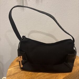 FOSSIL Vintage Key-Pur Black Canvas w/Leather Trim Wooden Key Purse Shoulder Bag